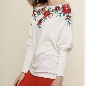 UMGEE AMELIA EMBROIDERED OFF THE SHOULDER WAFFLE KNIT TOP